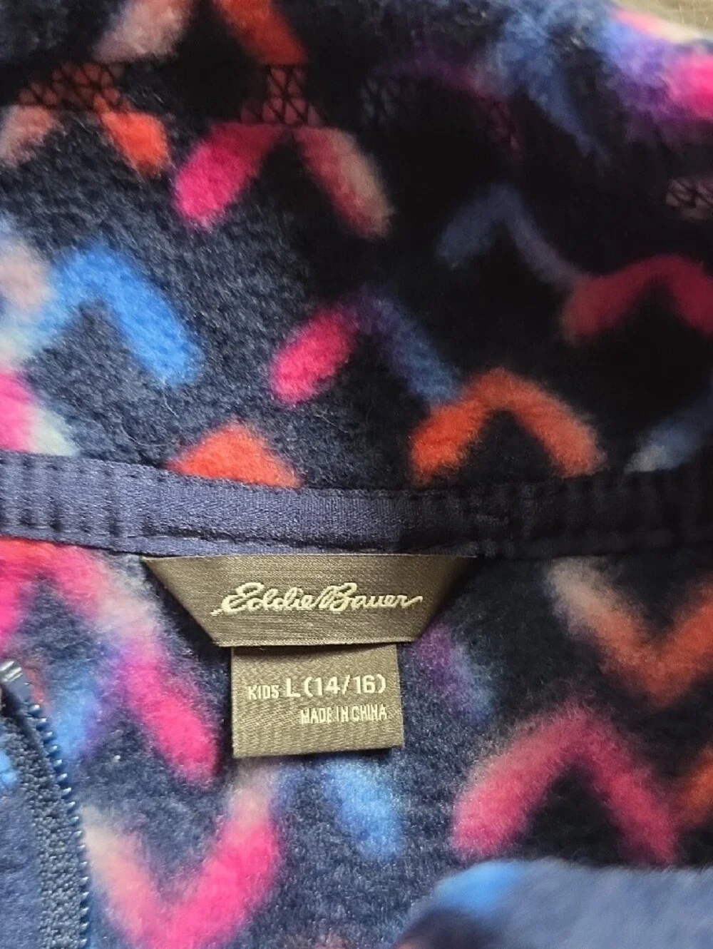 Eddie Bauer Navy Fleece Jacket with Pink, Orange, Blue and Purple Chevron Print
